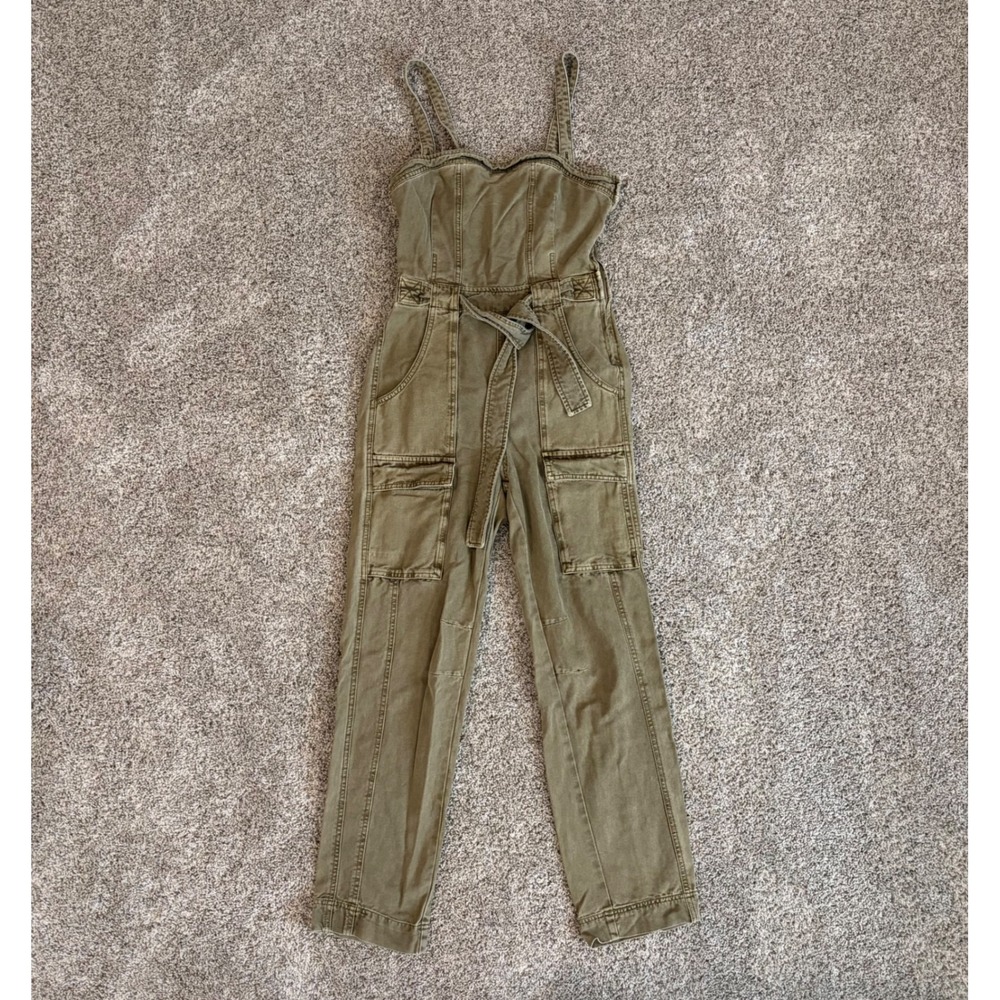 Free People Olive Green Utility Cargo Jumpsuit Cutout Back XS